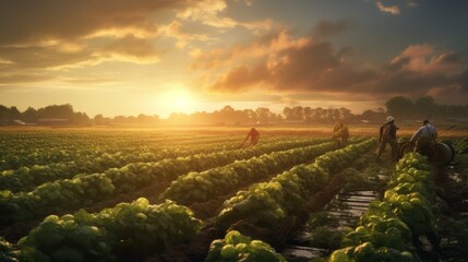 Fototapeta premium Generative AI Sunset scene over a picturesque countryside farm, where workers carefully collect potatoes from the rich, earthy fields.