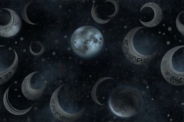 Naklejka premium Crescent moons and a glowing full moon surrounded by intricate designs on a mysterious, misty night sky background seamless pattern