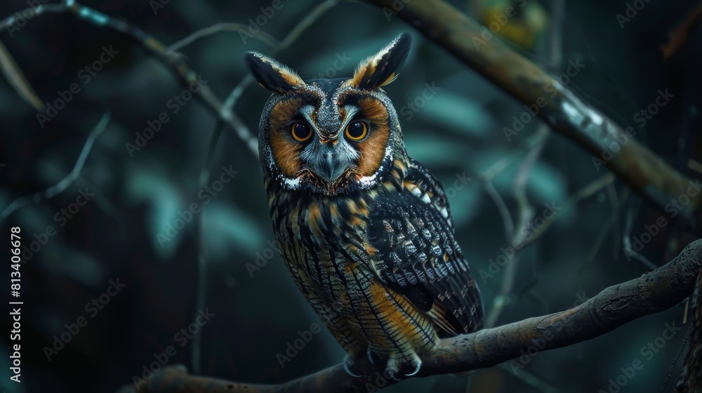 Poster an owl with long ear tufts is sitting on a tree branch in a dense forest. the owls feathers blend wi