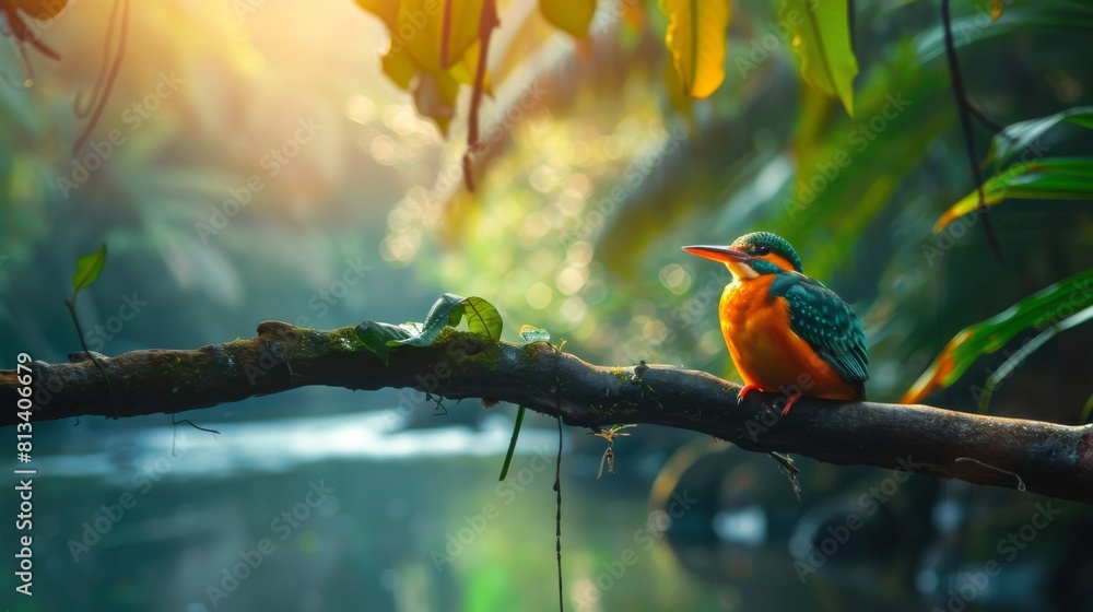 Poster a vibrant madagascar kingfisher sits perched on a branch in a lush jungle setting. the birds colorfu