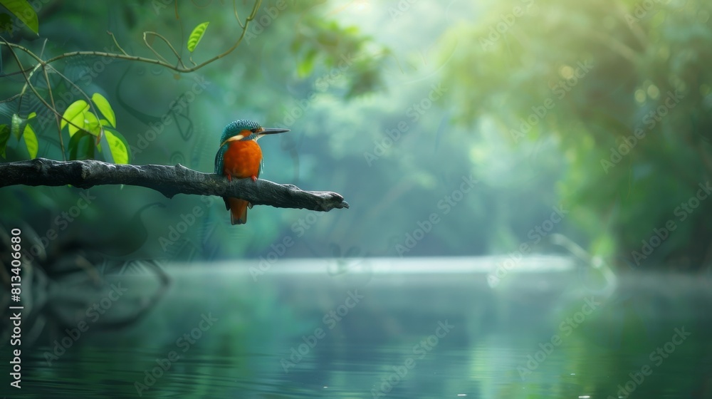 Poster a madagascar kingfisher bird perched on a branch in the middle of a river, surrounded by flowing wat