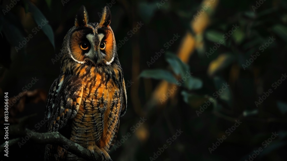 Poster a madagascar long-eared owl perched on a tree branch. the owl is facing forward, with its distinct l