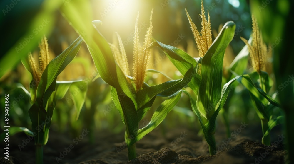 Poster generative ai timelapse series showcasing the growth stages of corn, from planting the seeds to the 