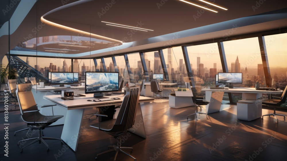 Aufkleber generative ai ultra-modern business center with cutting-edge technology and workstations.