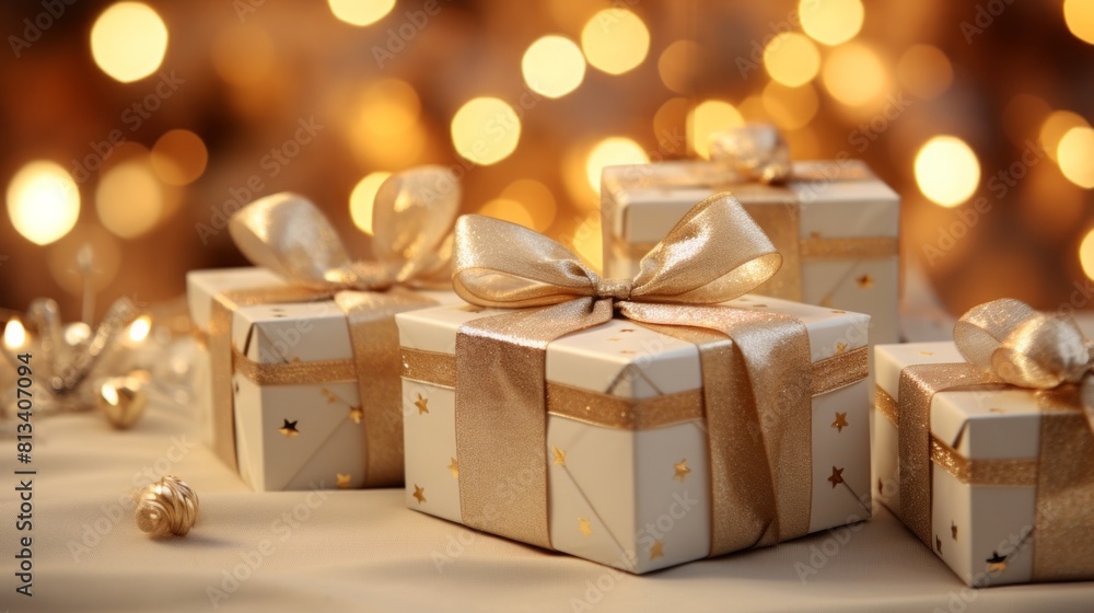 Aufkleber Generative AI Ultra-realistic portrayal capturing the allure of white and gold Christmas presents arranged atop an empty table, complemented by enchanting blurred bokeh lights. Elegant and festive atm