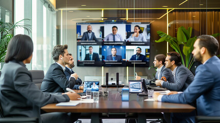 Businessman talking online video conference with laptop to meeting business plan with office team.