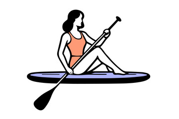 Woman paddle boarding icon. Illustration for summer activities theme, stand-up paddleboarding lessons advertising, and water sports lifestyle design.
