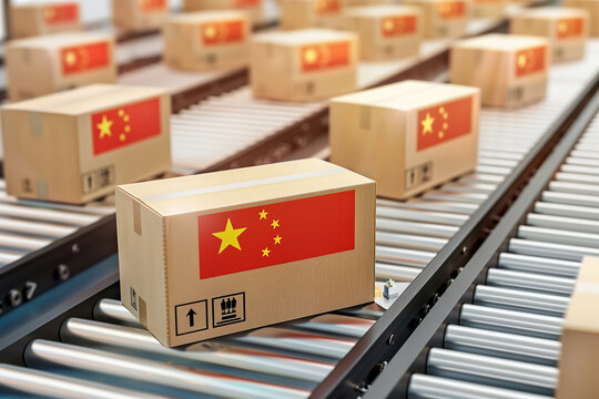 Box of production line with China flag in manufacturing industry, technology for export in warehouse factory.