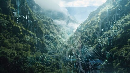 Digital overlay of data streams flowing through lush green valley in misty mountains