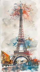 This painting depicts the iconic Eiffel Tower in Paris, rendered in delicate watercolor. The tower stands tall against a sky-blue background, capturing its architectural details with precision.