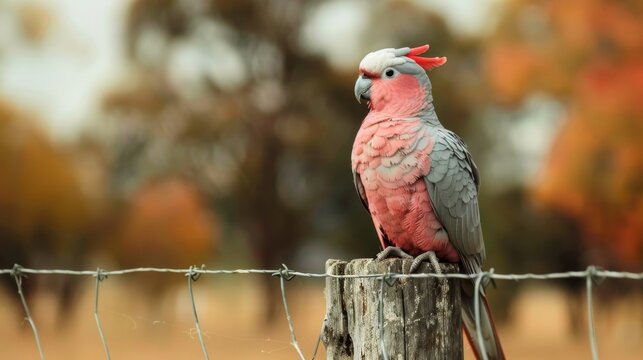 A pink and grey Galah bird is sitting on top of a weathered wooden post. The bird is perched and observing its surroundings.
