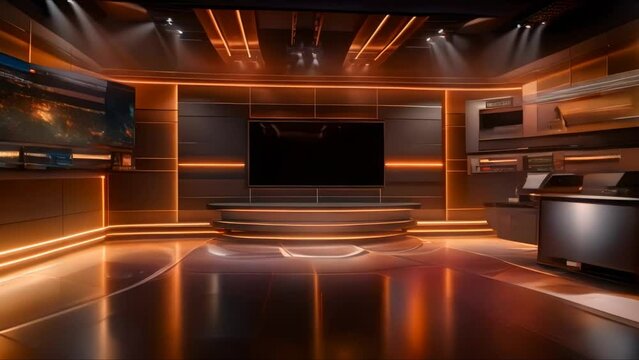 Game Show Set with Boardroom-style Design, Podiums, and Screens. Concept Game Show Set Design, Boardroom Style, Podiums, Big Screens, Studio Lighting