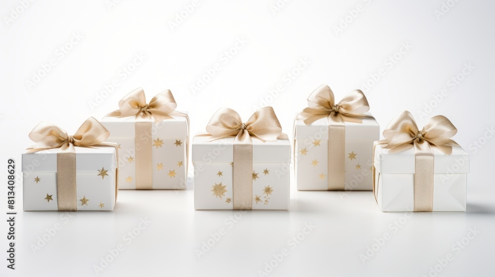 Poster generative ai 5 white gifts wrapped with golden ribbon on a white isolated background