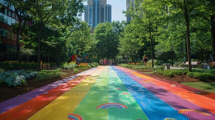 A large community canvas in a park where people add their own messages and art to create a collective artwork symbolizing LGBTQ unity and diversity