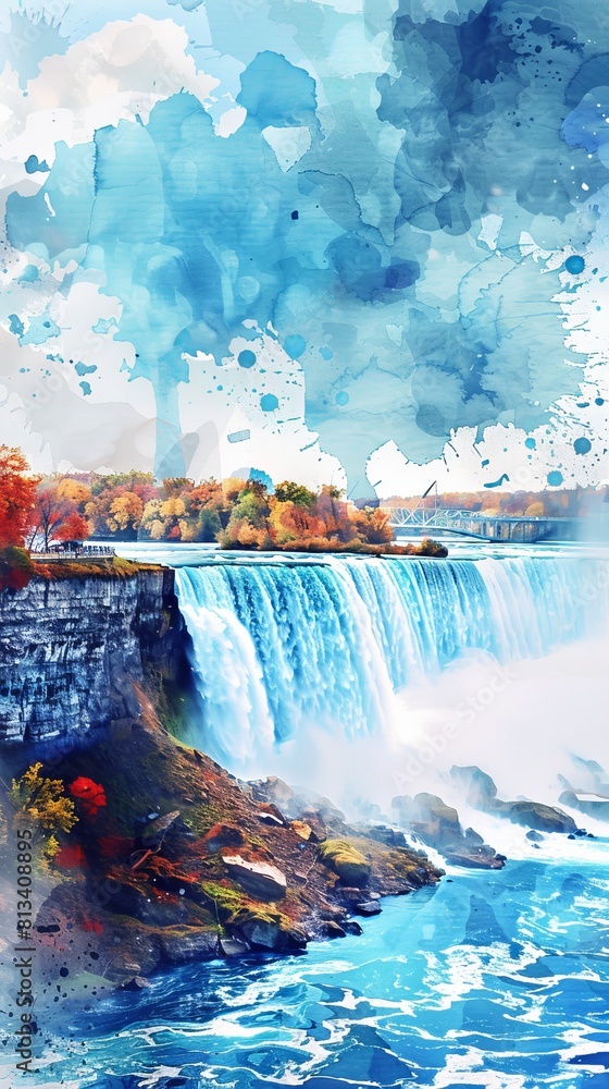 Poster a waterfall is depicted in a painting with a blue sky in the background. the painting has a serene a