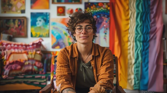 A portrait of a genderqueer artist in their studio, surrounded by their colorful and expressive artworks, with a pride flag draped over the chair