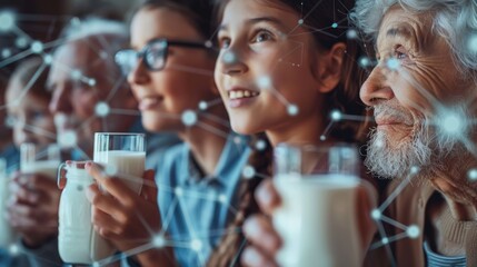 A group of people are holding glasses of milk and smiling