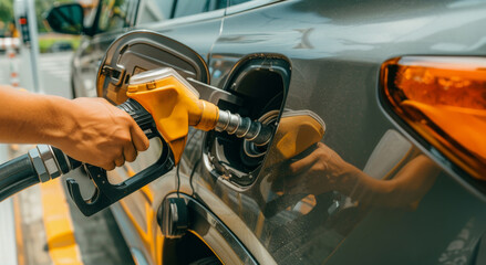 Man refueling car, holding fuel nozzle at busy gas station