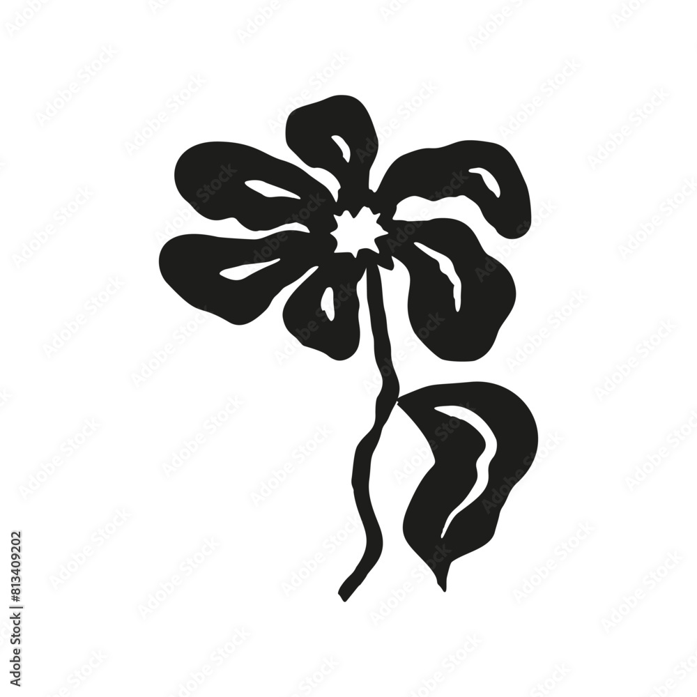 Wall mural Ink brush abstract flower sketch isolated on white. Black silhouette of doodle floral - Wall murals