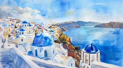 A watercolor painting showcasing a charming town with predominantly blue and white buildings situated by the ocean. The towns architecture is distinctive, featuring traditional Mediterranean design el © vadosloginov