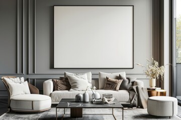 Large blank canvas hangs above white sofa.