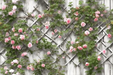 Pink roses climbing a white wooden trellis watercolor background seamless pattern