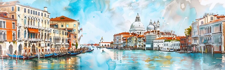 A detailed watercolor painting showcasing the iconic canals of Venice, Italy. The artwork captures the essence of the historic city with its gondolas, ancient buildings, and arched bridges reflected i - Powered by Adobe