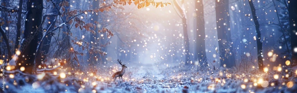 Poster a deer is standing in the snow in a forest. the snow is falling and the deer is surrounded by a glow