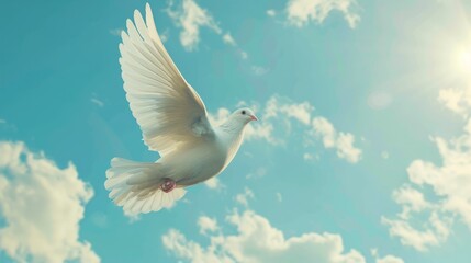 Fototapeta premium White dove flying against blue sky.