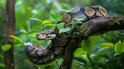 A large Indian Python snake is coiled on a tree branch in the dense forest. The snakes scales glisten in the sunlight as it rests motionless in its natural habitat.