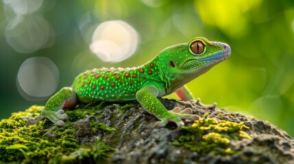 Fototapeta premium A green lizard is perched on a tree branch. The lizards vibrant color stands out against the bark, showcasing its reptilian features.