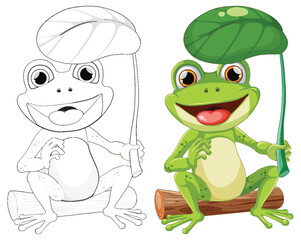 Colorful and line art frog illustrations with umbrella