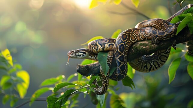 An Indian Python is coiled around a tree branch, showcasing its natural behavior of resting and surveying its surroundings in the wild.