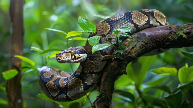 A large Indian Python snake is coiled on a tree branch in the dense forest. The snakes scales glisten in the sunlight as it rests motionless in its natural habitat.