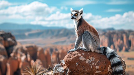 Fototapeta premium A Ring-tailed lemur is perched on a large rock in the desert, under the clear sky. The lemur is calmly observing its surroundings, seemingly undisturbed by the arid environment.