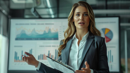 A woman in a stylish suit confidently presenting a financial report to a group of investors. Ai generated