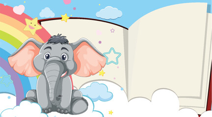 Adorable elephant with a storybook on a cloudy backdrop