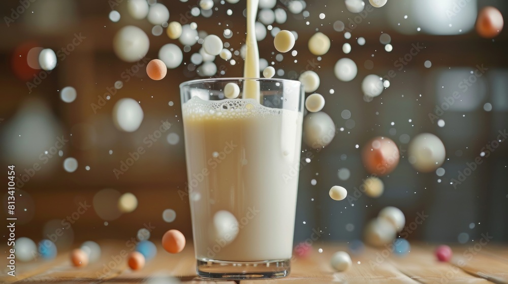 Canvas Prints A glass of milk with a lot of white foam and a lot of colorful balls in the air