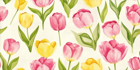 Tulips in various shades of pink and yellow, arranged against a soft, light background seamless pattern