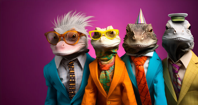 Fototapeta Creative animal concept. Group of lizard reptile in funky Wacky wild mismatch colourful outfits isolated on bright background advertisement, copy space. birthday party invite invitation banner  