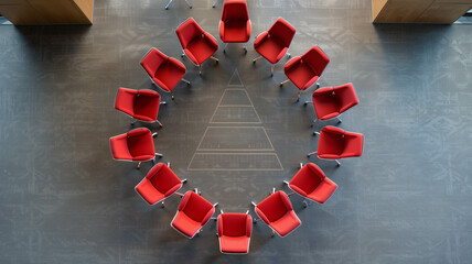 An overhead shot of a corporate meeting room with chairs arranged in the shape of a pyramid, representing hierarchical structure and leadership dynamics. Ai generated