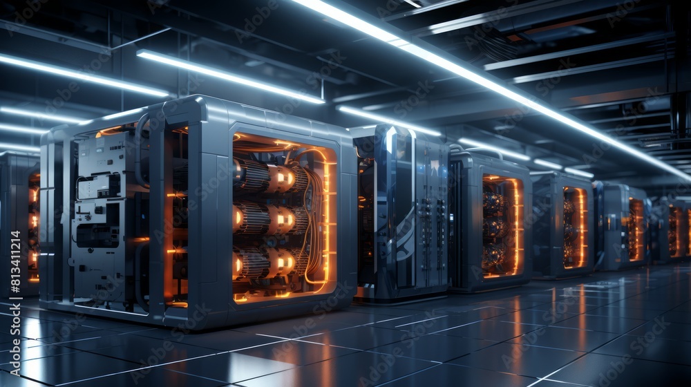 Poster generative ai a futuristic visualization of a render farm facility, showcasing cutting-edge technolo
