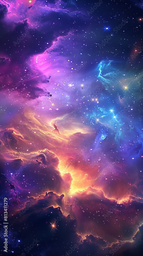 Poster the image features a vibrant and colorful space with a backdrop of stars and clouds. the stars twink