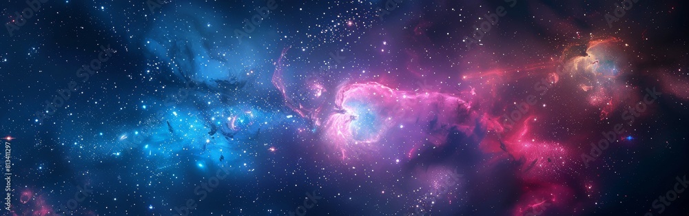 Poster a vibrant space setting with a myriad of stars and fluffy clouds scattered across the sky. the stars