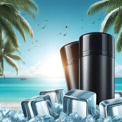 Fototapeta premium Cool black deodorant with a beautiful beach and sea background.