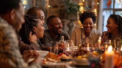 Several individuals are gathered around a dining table, engaged in conversation and sharing a meal. The table is set with plates, glasses, and food, creating a cozy and communal atmosphere.