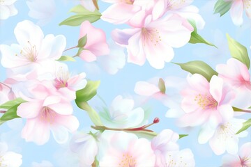 Spring blossoms in soft pink and white hues, floating against a gentle blue sky background seamless pattern.
