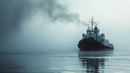 Obraz premium Generative AI Cargo ship in misty weather, fog surrounding the vessel, detailed and moody photorealistic scene