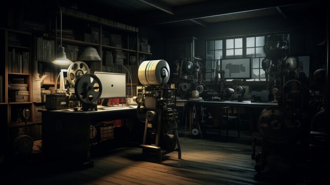 Generative AI Cinematic projection room, highlighting projectors, reels, and equipment for film screenings