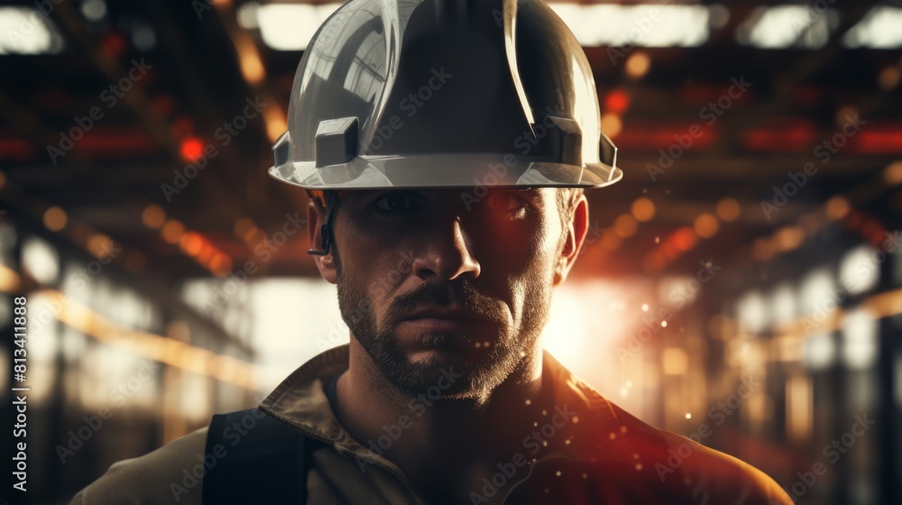 Aufkleber generative ai construction site with a builder overseeing the project, blueprint in hand, hard hat a